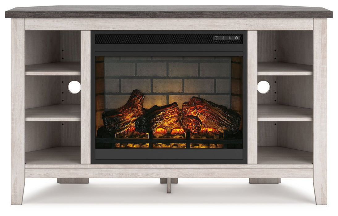 Dorrinson - White / Black / Gray - Corner TV Stand With Faux Firebrick Fireplace Insert